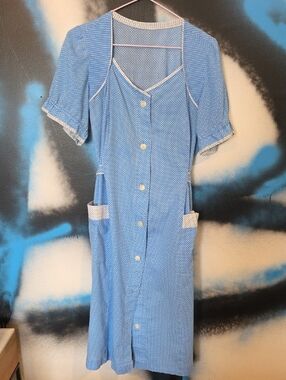 Blue Polka Dot Button-Front House Dress Vintage